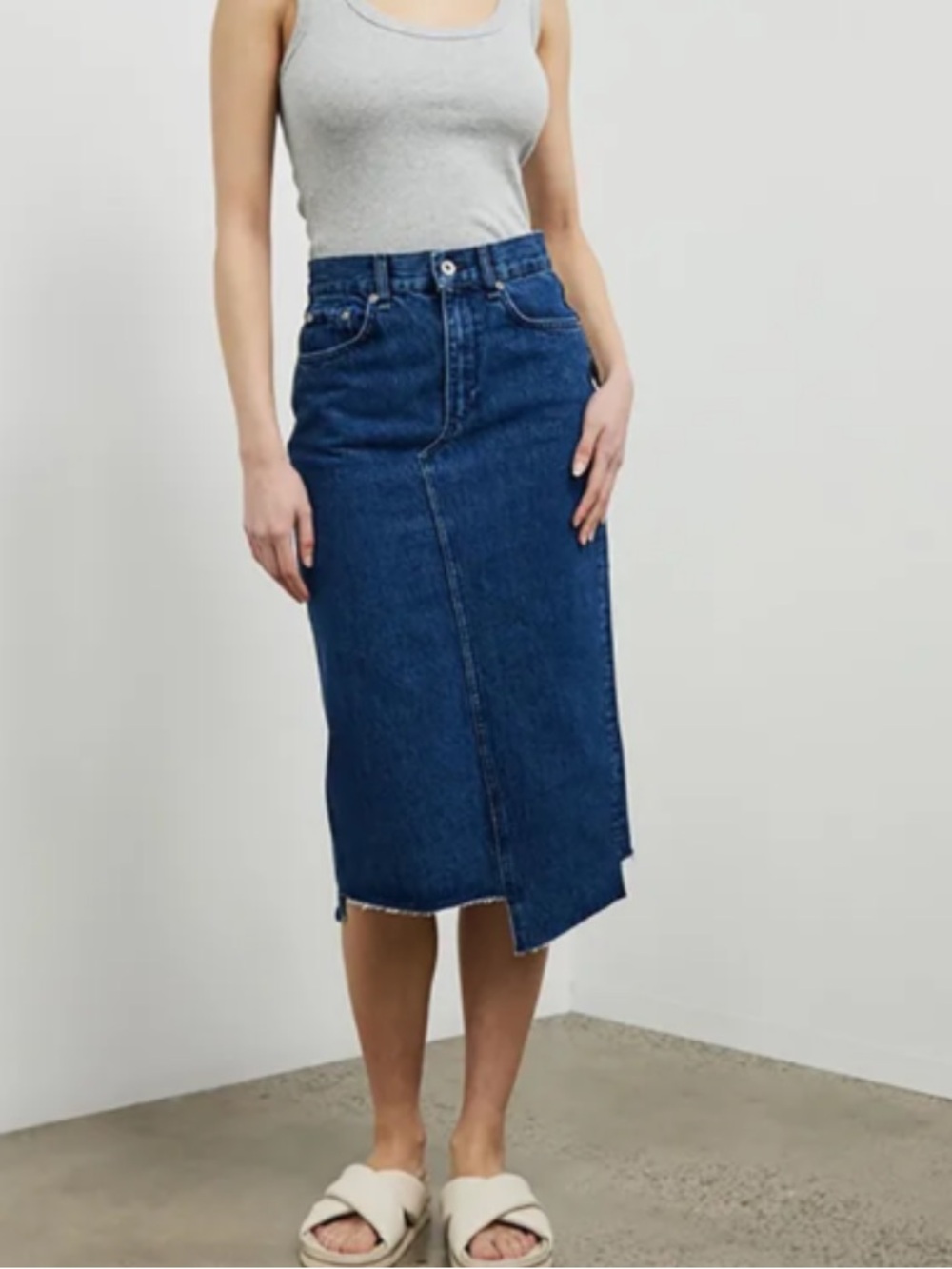 Rag & Bone Sukato Denim Midi Skirt Asymmetrical Raw Edge Hem Size 26 (29”)
